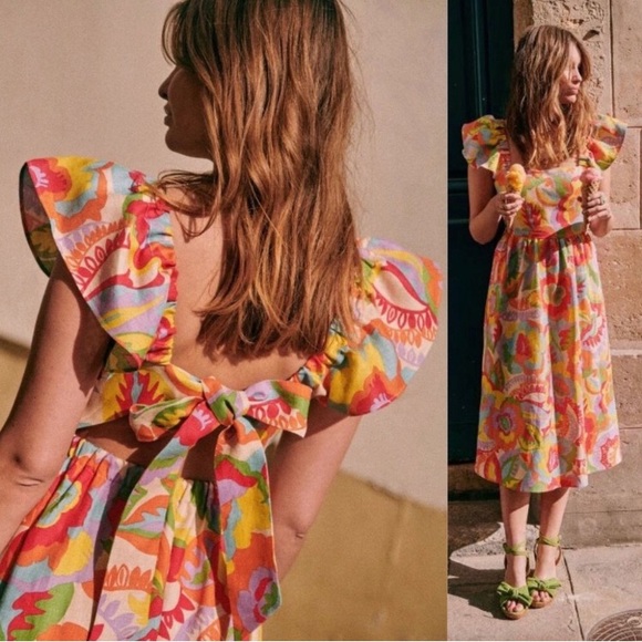 Sezane Dresses & Skirts - Sezane Melville Organic Linen Midi Dress Seventies Multicolor Print 36 4